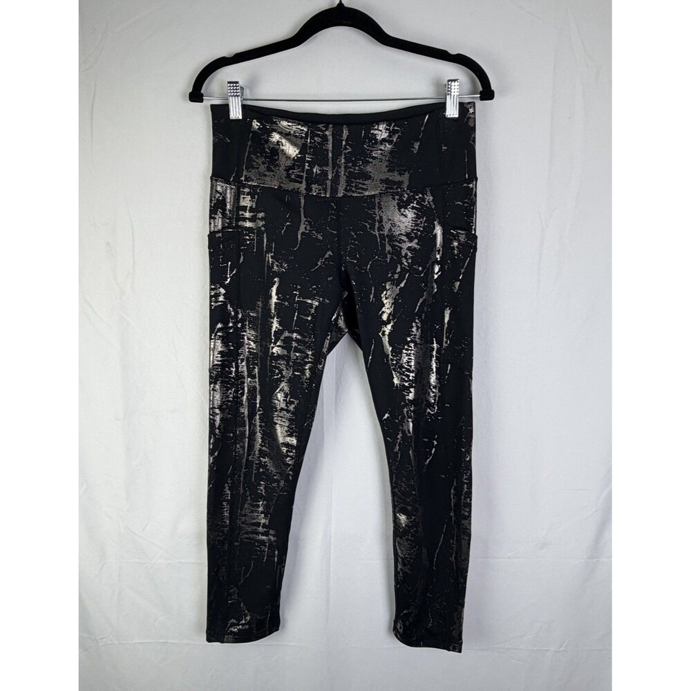 Zella Mid Rise Pocket Leggings Black Oak Foil Print Metallic Size Medium NWOT